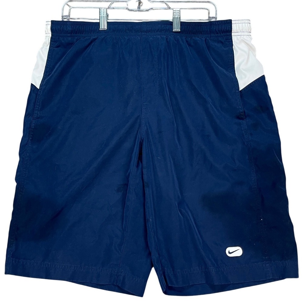Nike Short Men Medium Navy Blue White Colorblock Mesh Lined Athletic Swim STAINS